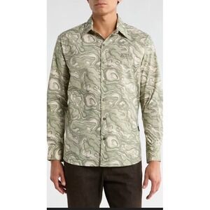 Von Dutch Originals Button-Up Shirt Small Beige Green Stone Pattern Long Sleeve